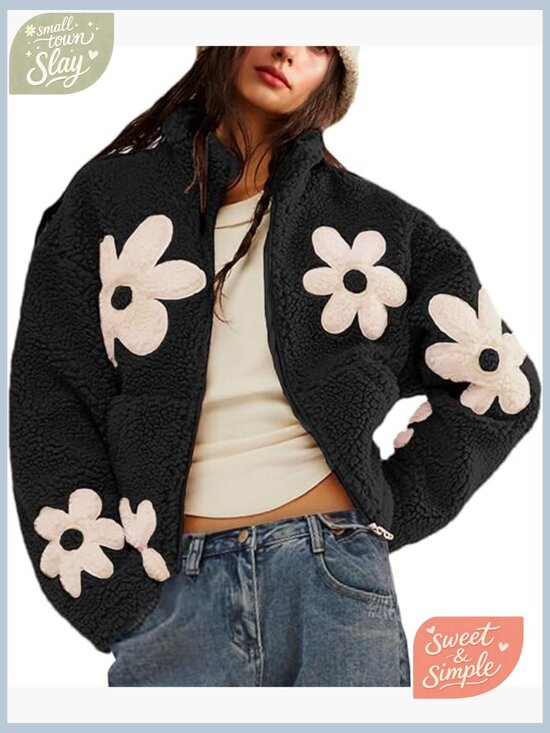 Jackets & Blazers - Floral Sherpa Fleece Jacket Cropped Zip Up Long Sleeve Winter Coat